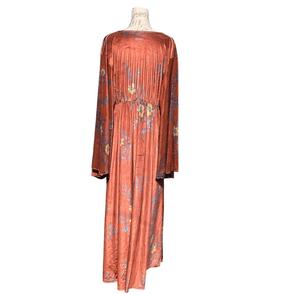 Bonne Journee Rust Velvet Floral Maxi Dress Boho Bell Sleeve V-Neck Size 2 M / L - Picture 5 of 9